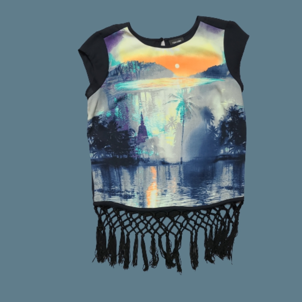 💞Nicole Miller Sunset Theme Black Fringed Top💞